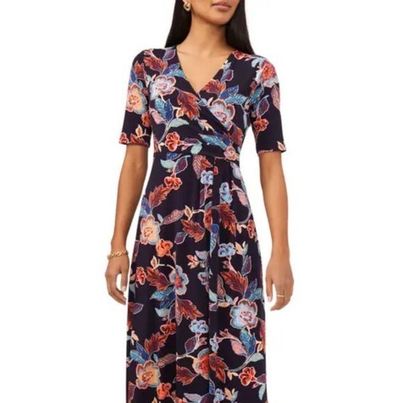 Chaus Floral Surplice Neck Faux Wrap Midi Dress - Medium - Picture 1 of 3